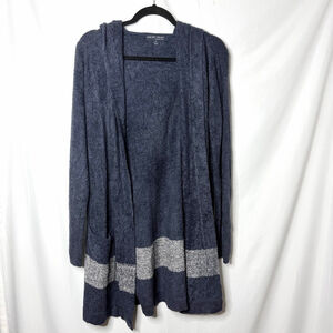 Barefoot Dreams Navy Gray Striped CozyChic Lite Hooded Cardigan M